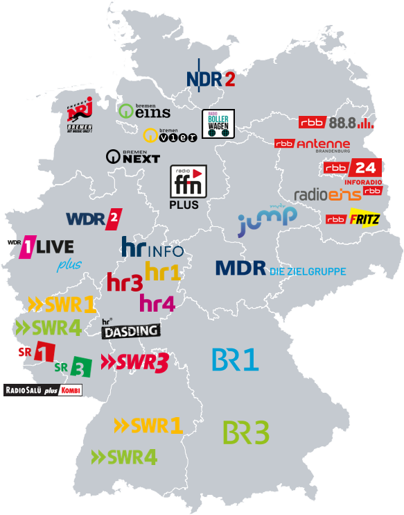 Deutschlandkarte mit den regional zugeordneten Radiosendern der ARD MEDIA Flex-Kombi